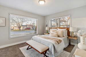 Bedroom featuring carpet floors and multiple windows