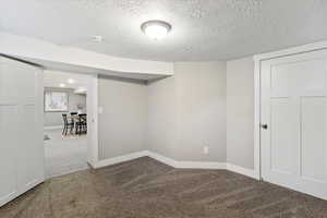 Finished basement with a textured ceiling and carpet floors