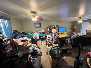 Family Room featuring a ceiling fan, a textured ceiling, and carpet floors