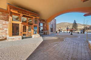 View of patio featuring french doors and a mountain view