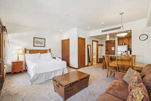 Bedroom featuring two closets, carpet floors, and freestanding refrigerator