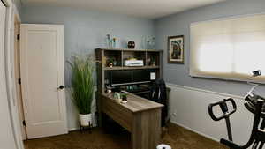 Office space with dark colored carpet