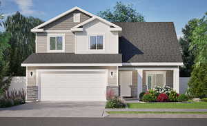 Craftsman-style home with stone siding, a shingled roof, driveway, and an attached garage