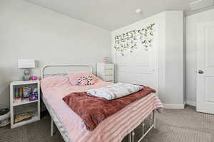 Bedroom with carpet flooring, a closet, and vaulted ceiling