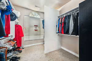 Walk in closet featuring light carpet