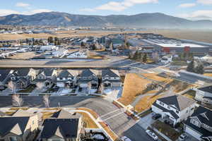 Aerial view of residential area with mountains
