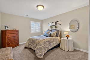 Bedroom with carpet flooring and a textured ceiling