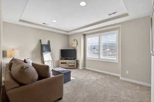 Living room featuring a raised ceiling, carpet floors, a textured ceiling, and recessed lighting