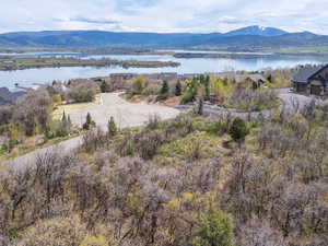 Aerial view of a water and mountain view