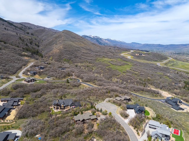 Aerial perspective of suburban area featuring a mountainous background