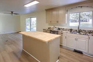 Kitchen featuring wooden counters, light wood-style flooring, a kitchen island, stainless steel dishwasher, and open floor plan