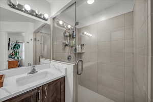 Full bath with vanity and a shower stall