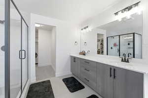 Full bathroom with a shower stall, a bath, light tile floors, and recessed lighting
