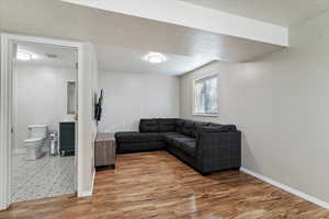Living room with light laminate flooring