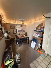 Dining space featuring light colored carpet