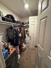 Walk in closet featuring dark colored carpet