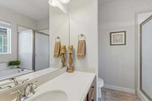 Bathroom with a shower stall, vanity, and a bath