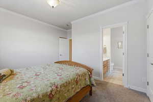 Bedroom with ornamental molding, light colored carpet, and ensuite bathroom