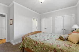 Bedroom featuring two closets, ornamental molding, and dark carpet