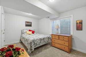 Bedroom with light carpet