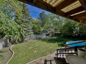 Fenced backyard with a patio
