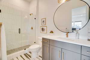 Bathroom featuring a stall shower and vanity