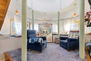 Sitting room with healthy amount of natural light, carpet floors, and a towering ceiling