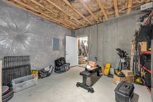 Unfinished basement with electric panel