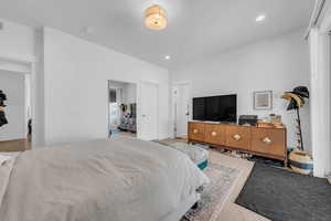 Bedroom with carpet flooring and recessed lighting