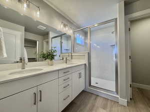 Bathroom with light wood-style floors, a shower stall, and double vanity
