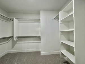 Walk in closet featuring light colored carpet