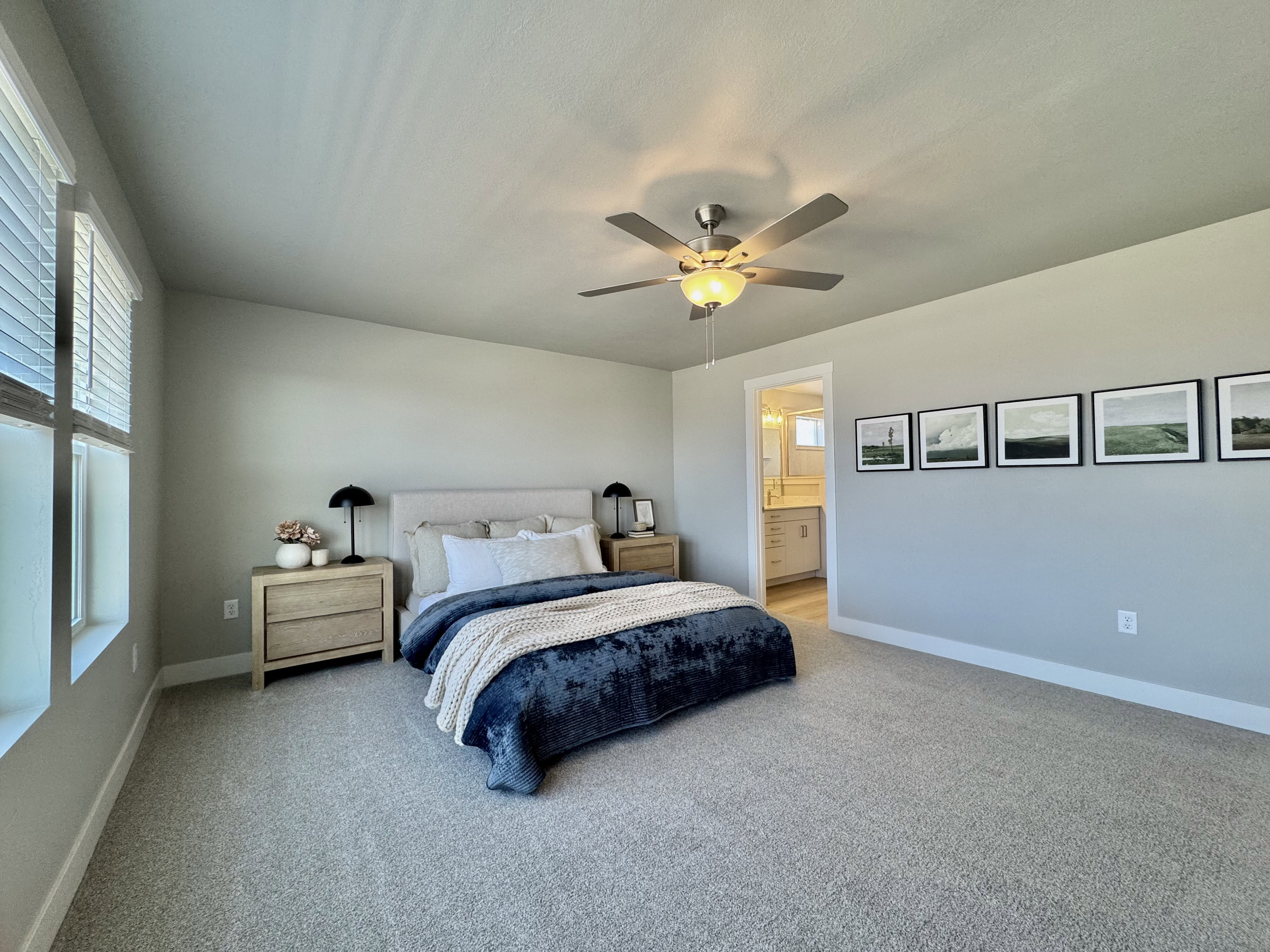 Carpeted bedroom with a ceiling fan and ensuite bathroom