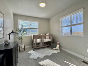 Bedroom with a nursery area and carpet flooring