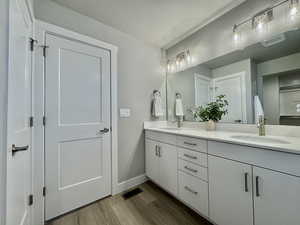 Full bathroom featuring double vanity and dark wood-style floors