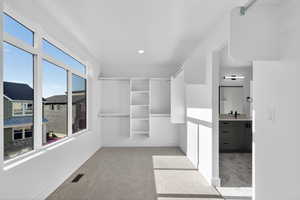 Spacious closet with light colored carpet