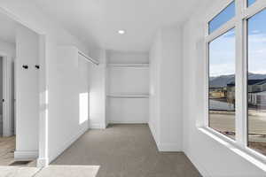 Walk in closet with light colored carpet