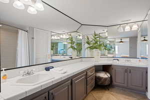 Full bathroom featuring vanity, a shower with curtain, and light tile patterned floors