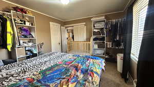 Bedroom featuring a closet, carpet floors, and ornamental molding