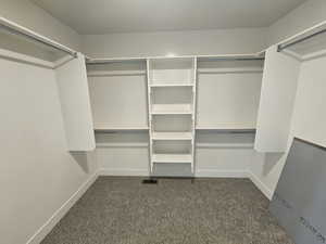 Walk in closet featuring dark colored carpet