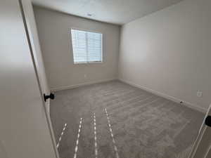 Unfurnished room with a textured ceiling and carpet floors