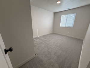 Carpeted spare room with a textured ceiling and baseboards