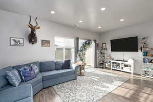 Living room featuring light wood-type flooring and recessed lighting