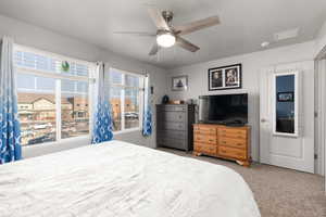Carpeted bedroom with ceiling fan and large windows
