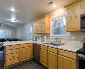 Kitchen with appliances with stainless steel finishes, a peninsula, light brown cabinets, light countertops, and plenty of natural light