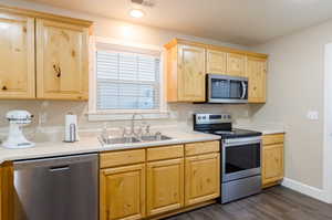 Kitchen featuring light brown cabinets, appliances with stainless steel finishes, light countertops, and dark wood-style floors