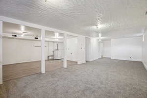 Finished basement featuring light colored carpet and a textured ceiling