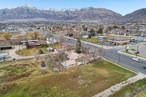 Aerial perspective of suburban area with mountains