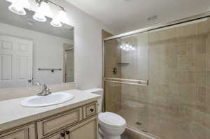 Full bathroom with vanity and a shower stall