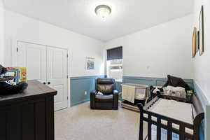 Carpeted bedroom with a closet, wainscoting, a nursery area, and a textured ceiling