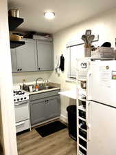 Kitchen with gray cabinets, white appliances, light wood-type flooring, open shelves, and light countertops